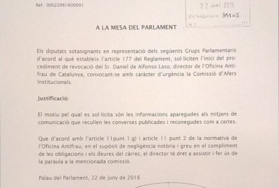   Junts pel Sí demana la compareixença al Parlament del ministre Fernández Díaz i del grup Planeta i l’inici del procediment de revocació del director de l’Oficina Antifrau  