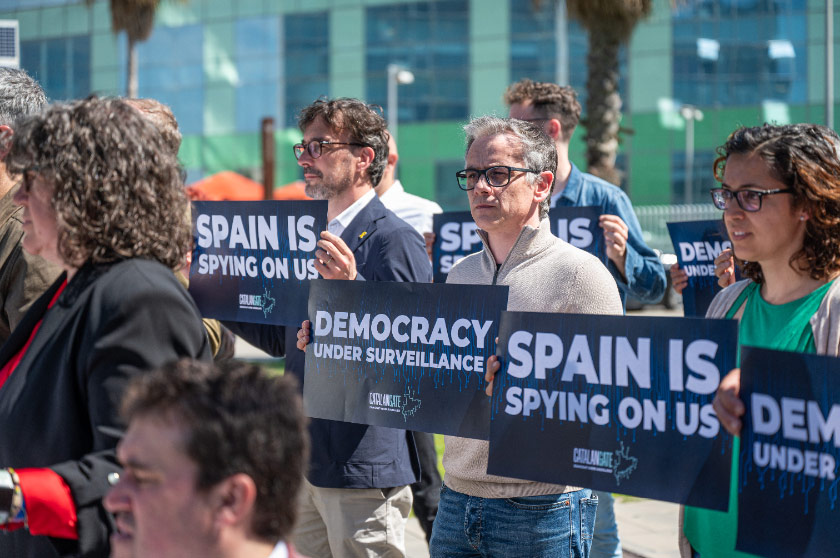  El president del grup parlamentari d'Esquerra Republicana, Josep Maria Jové, en un acte de denúncia del Catalangate / Marc Puig 