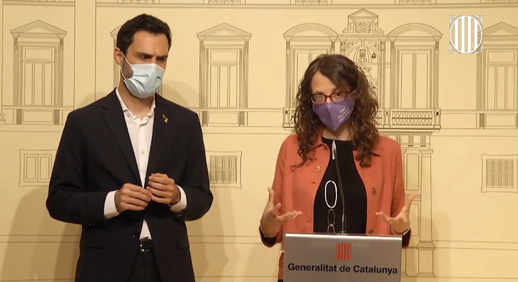 El conseller d'Empresa i Treball, Roger Torrent, i la consellera d'Igualtat i Feminismes, Tània Verge, en roda de premsa / Generalitat de Catalunya 