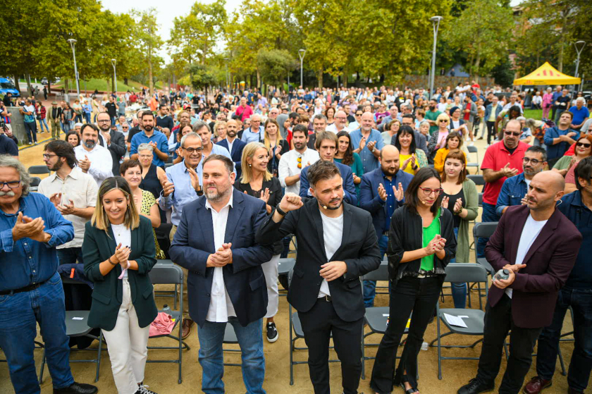  Joan Tarda, Ana Balsera, Oriol Junqueras i Gabriel Rufián, a l'acte d'avui. MARC PUIG. 