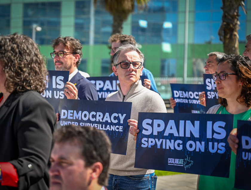 El president del grup parlamentari i del Consell Nacional d'Esquerra Republicana, Josep Maria Jové, en un acte de denúncia contra el Catalangate / Paula Roque