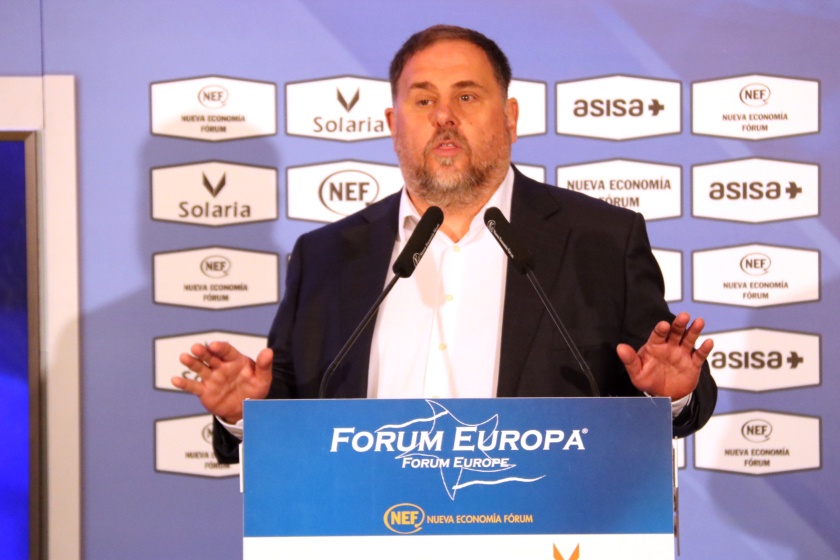  Oriol Junqueras i Elisenda Alamany, aquest dissabte en roda de premsa. MARC PUIG 