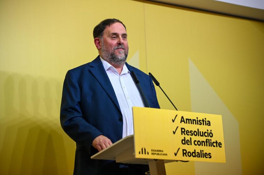  Oriol Junqueras, durant la roda de premsa d'avui / Paula Roque 