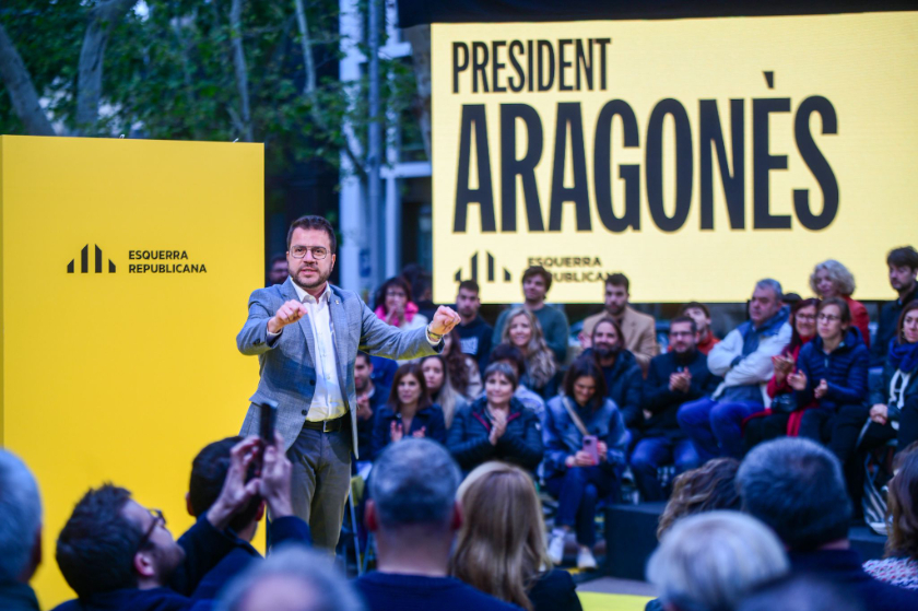  El president de la Generalitat i candidat d'Esquerra Republicana, Pere Aragonès, durant l'acte d'inici de campanya. 