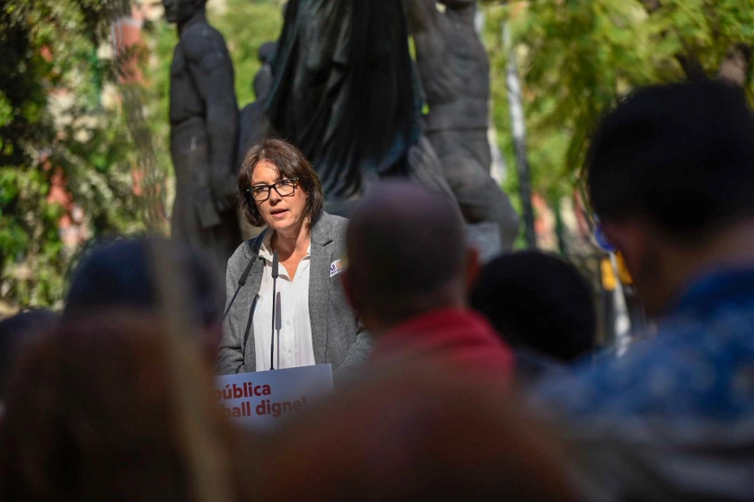  La candidata d'Esquerra a les eleccions europees del 26 de maig, Diana Riba, durant la seva intervenció d'avui, 1 de maig 