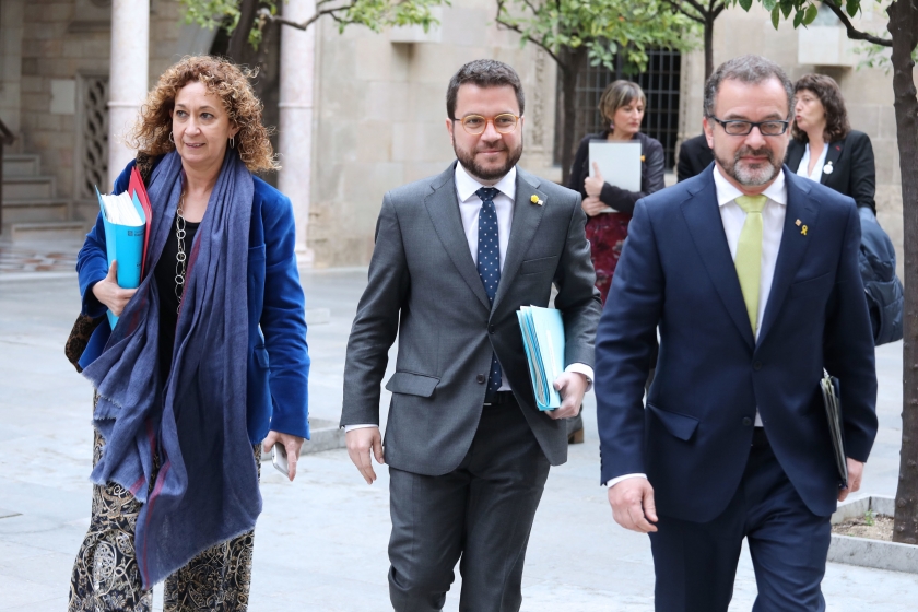  El vicepresident del Govern i conseller d’Economia, Pere Aragonès, acompanyat de la consellera de Justícia, Ester Capella, i del conseller d’Exteriors, Alfred Bosch / ACN 