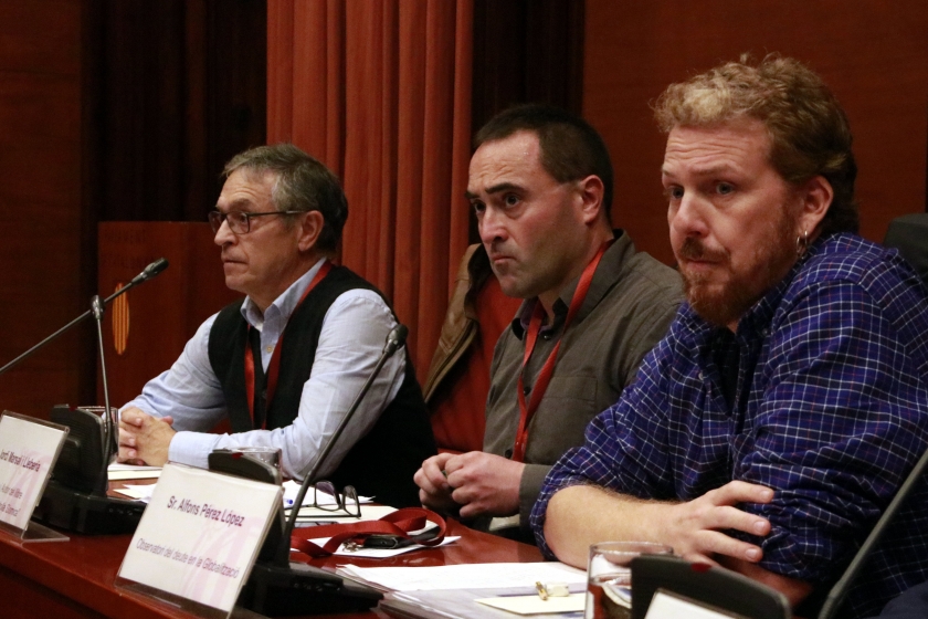  El doctor en Geologia, Josep Giner; el periodista Jordi Marsal, i el cofundador del grup Cas Castor, Alfons Pérez en la compareixença al Parlament / ACN 
