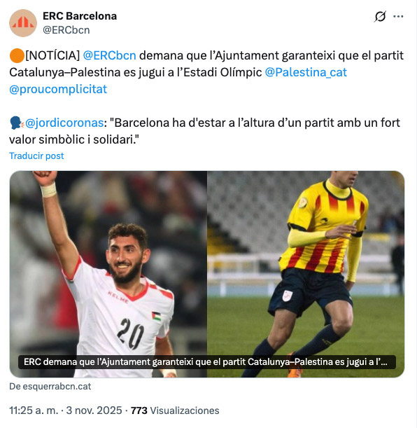 Piulada d'ERC Barcelona partit Catalunya-Palestina