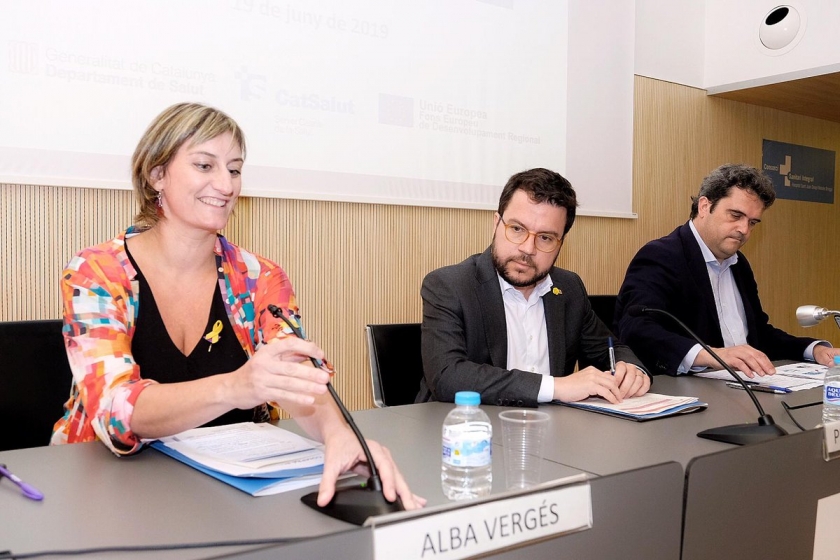  D'esquerra a dreta, la consellera de Salut, Alba Vergés, el vicepresident del Govern, Pere Aragonès, i el director del CatSalut, Adrià Cumella.  